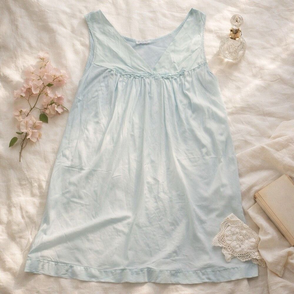 Vintage Vanity Fair Blue Satin Nightgown Slip Dress Ruffle Hem Coquette XL
